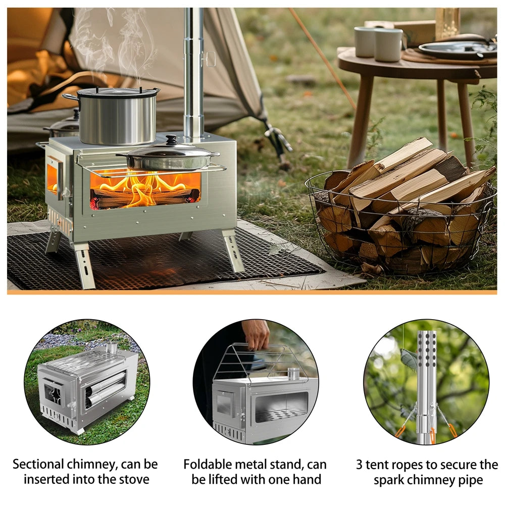 Portable Wood Burning Stove Stainless Steel Outdoor Cooking Heater Log Burner with 7 Chimney Pipes