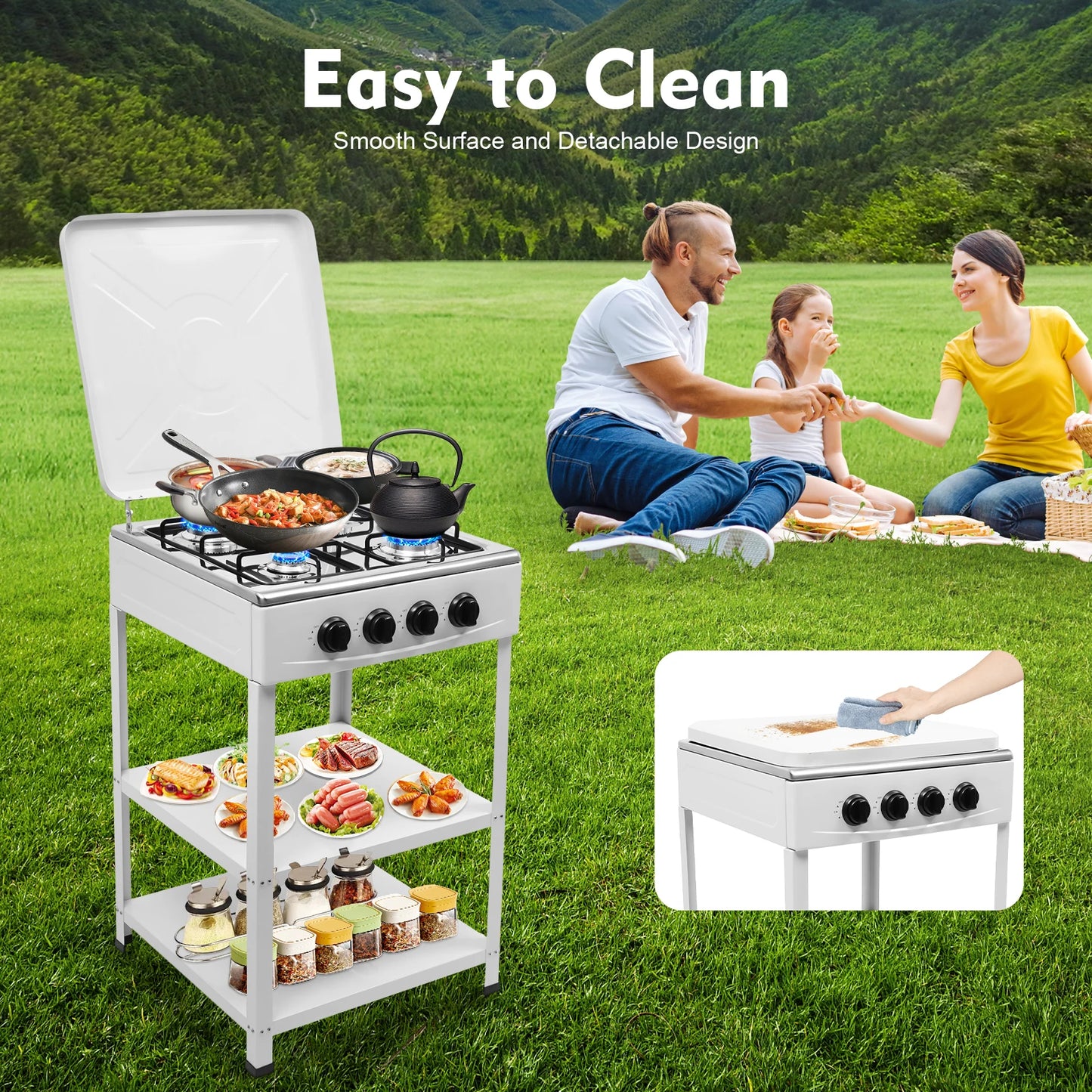 NONED 4 Burner Gas Stove Portable Outdoor Stove With Wind Blocking Cover