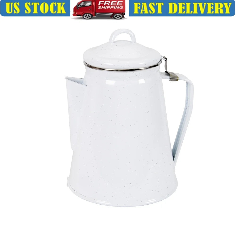 Enamel Percolator Coffee Pot 8 Cup Outdoor Camping Backpacking Easy Pour Spout Includes Percolator Stem Basket Dishwasher Safe