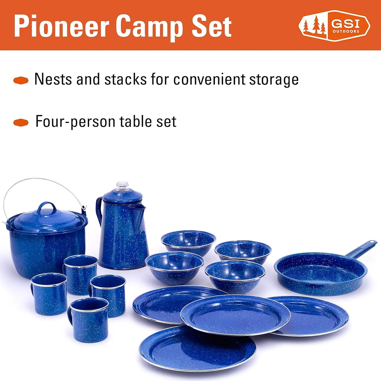 Outdoors Camp Dinnerware Set I 4-Person Set Includes Pioneer Enamel Percolator, Frypan, Kettle, Bowls, Plates & Coffee Mugs