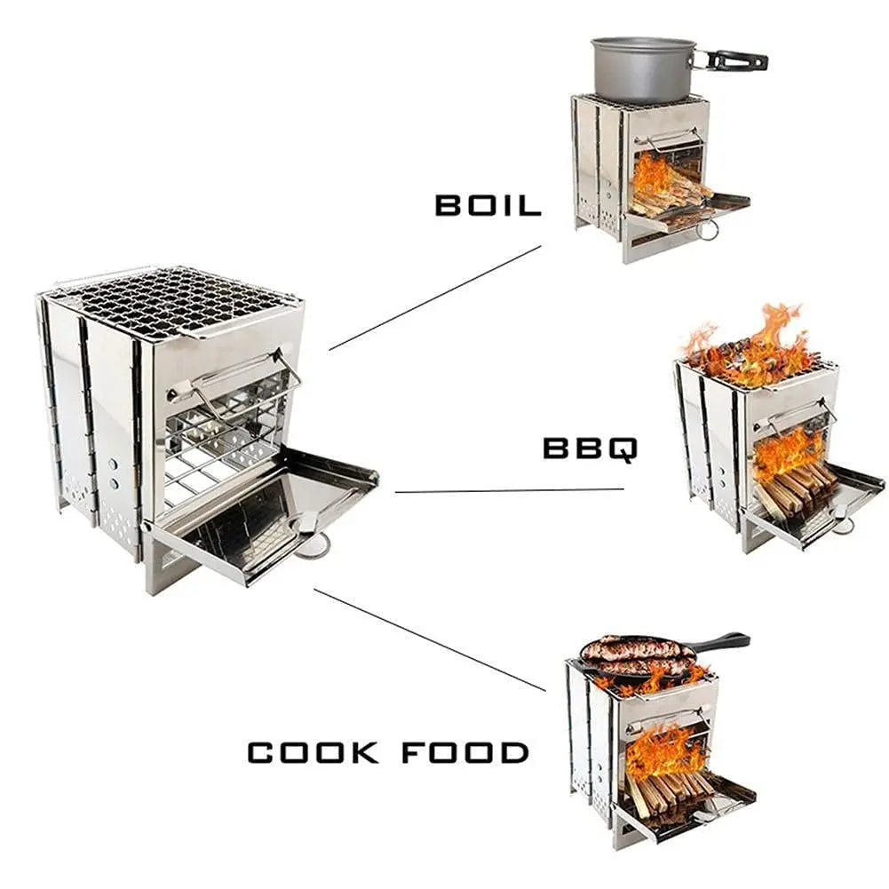 Camping Wood Burning Stove With Grill Collapsible Backpacking Stove