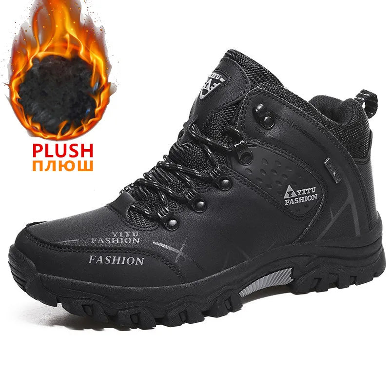 SENLONGBAOCN Men Winter Snow Boots Waterproof Leather Wool Lining