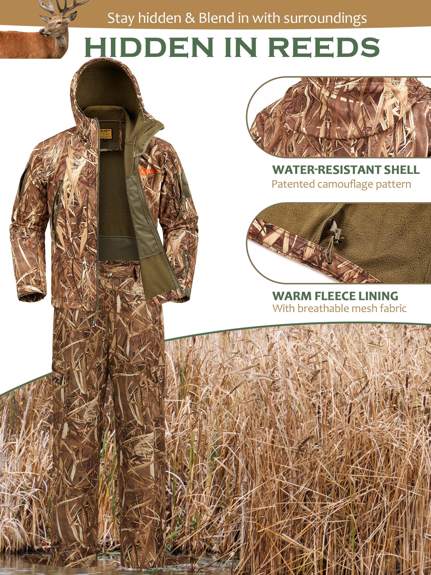 NEW VIEW Camo Hunting Clothes, Quiet Warm Hunting Jacket and Pants, High Quality Hunting Suit for Deer Duck Bow Hunt