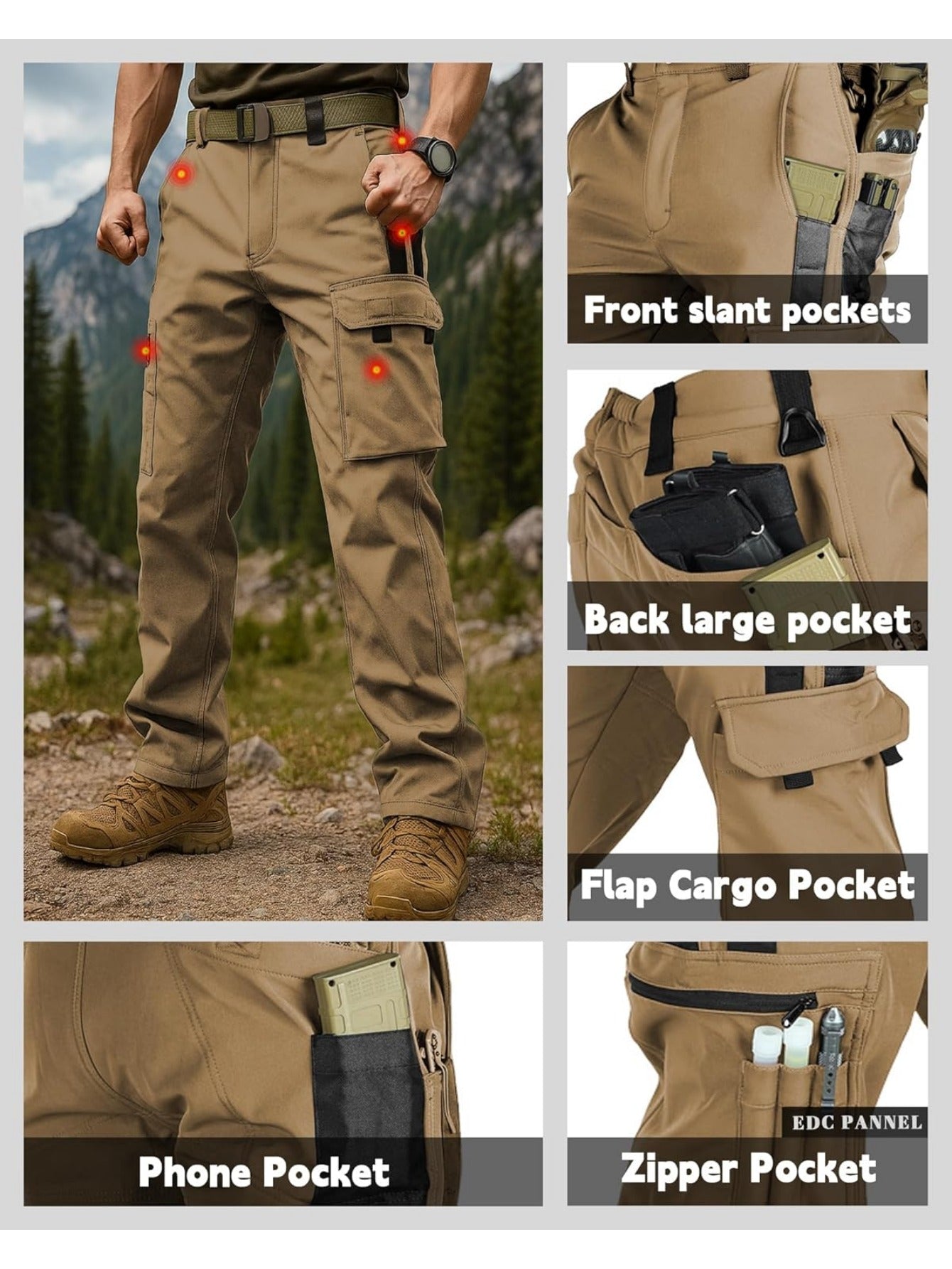 [Windproof | Fleece-Lined] Men's Windproof Fleece-Lined Ski Pants | All-Season Winter Snow Pants with Elastic Waist & Cargo Pockets, Softshell Tactical Hiking, Camping, Fishing Gear (Machine Washable)