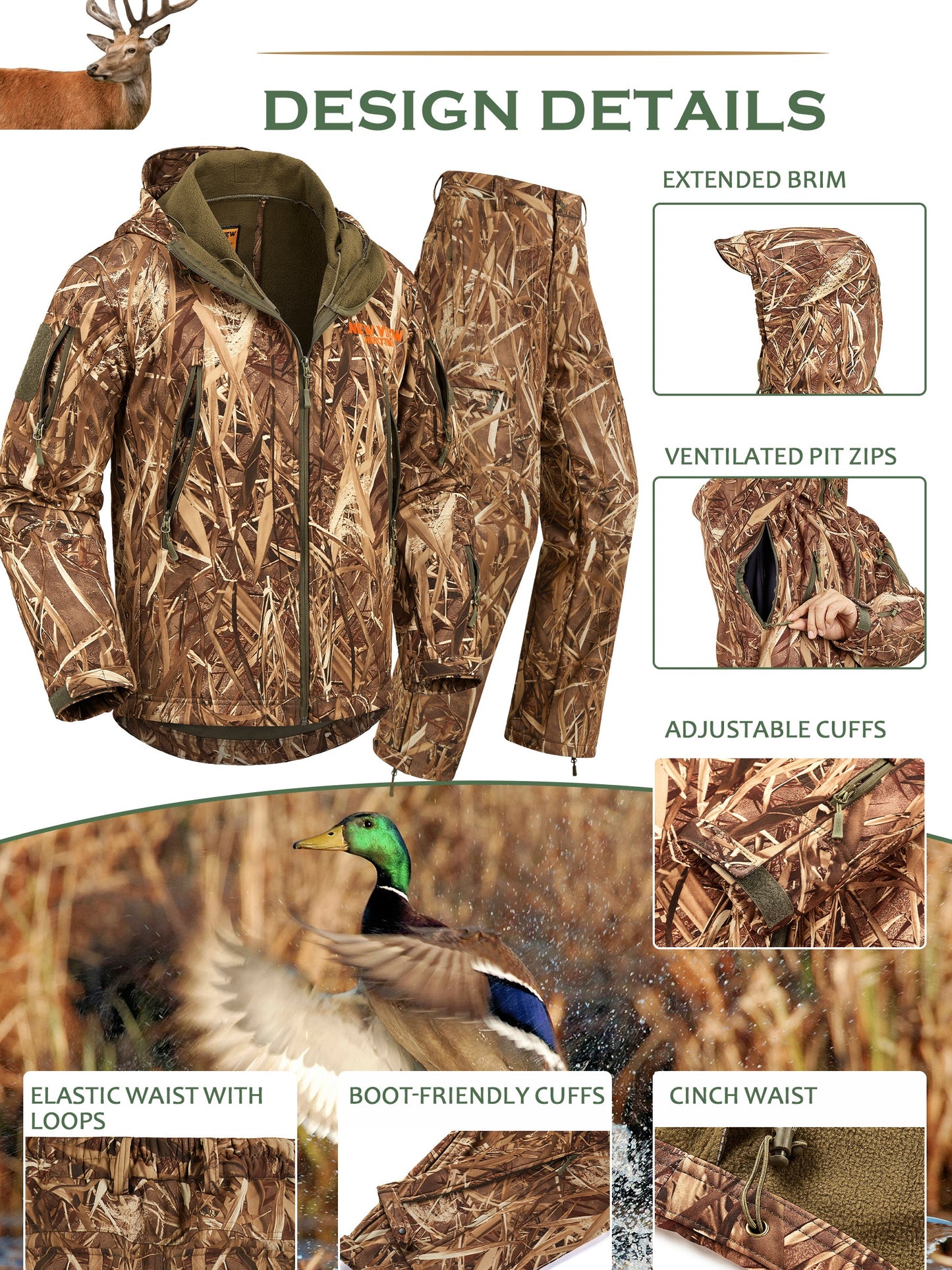 NEW VIEW Camo Hunting Clothes, Quiet Warm Hunting Jacket and Pants, High Quality Hunting Suit for Deer Duck Bow Hunt