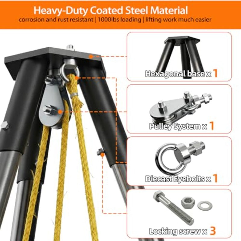 Heavy-Duty Portable Deer Hunting Tripod Hoist - 1000 Lb Capacity Frame, Adjustable Game Suitable for Hunting and for Skinning, Moving Game - Assembly, Portable Tripod for Compatible ( Not Included)