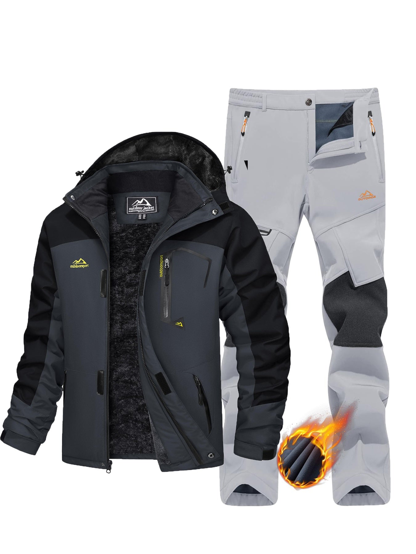 [1 Warm Jacket And 1 Pant] Men's Thermal Fleece Lined Jacket & Pants Set Winter Men's Windproof Snow Ski Suit Adjustable Storm Hood 5 Pockets 4 Zip Pockets Reinforced Knees Elastic Waist for Winter Hiking Camping Climbing Fis