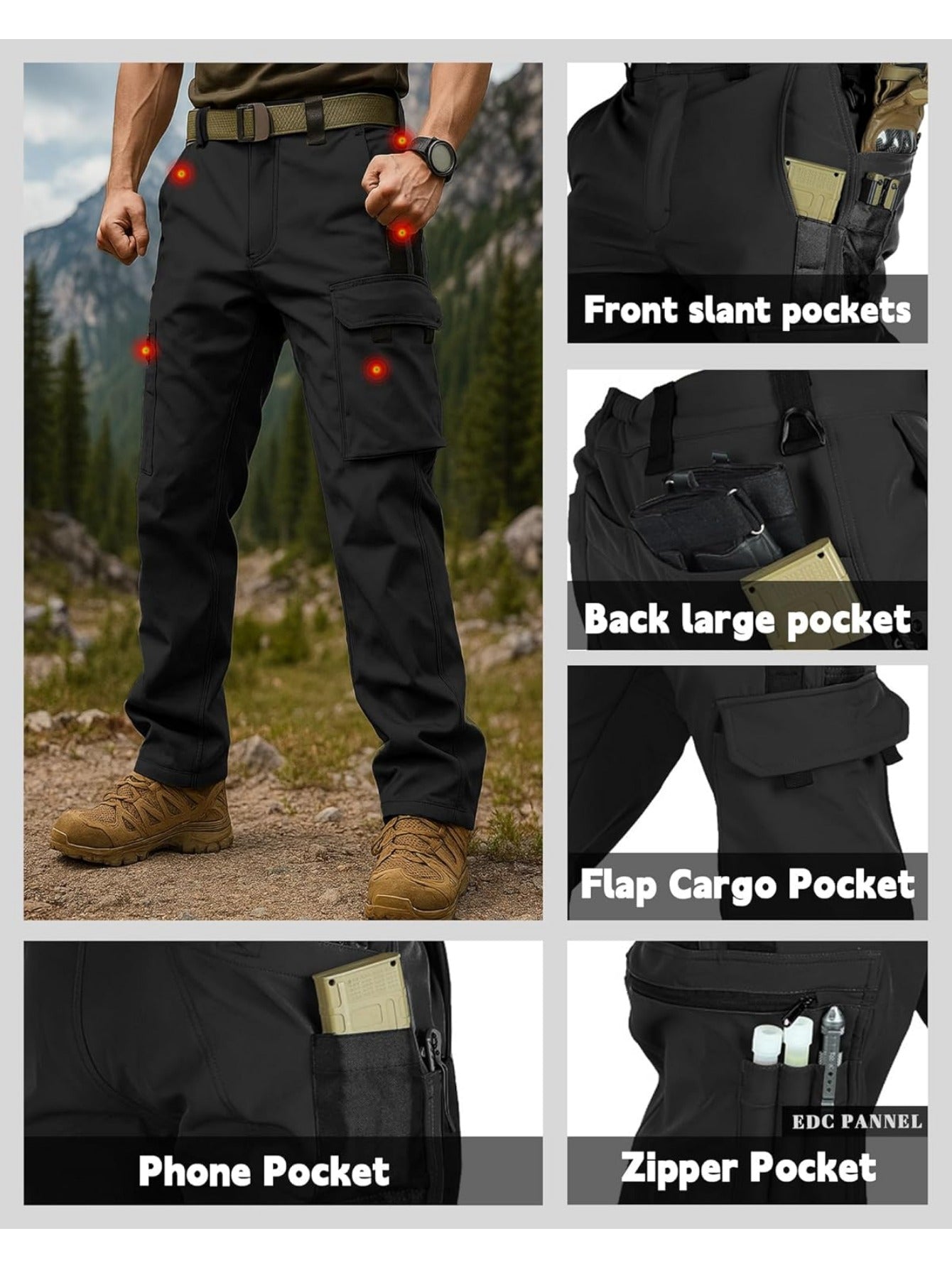 [Windproof | Fleece-Lined] Men's Windproof Fleece-Lined Ski Pants | All-Season Winter Snow Pants with Elastic Waist & Cargo Pockets, Softshell Tactical Hiking, Camping, Fishing Gear (Machine Washable)