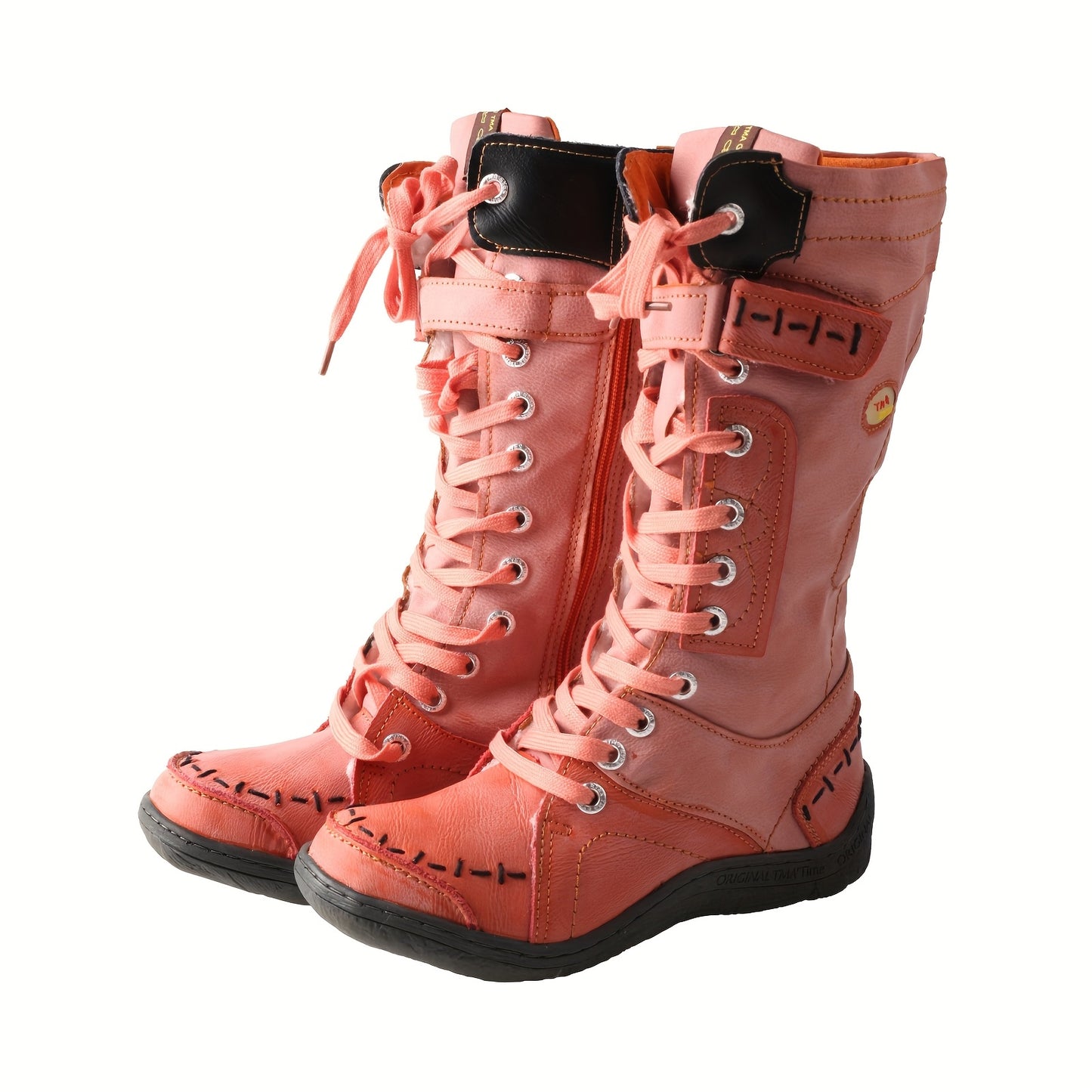 TMA EYES -Lined Hand-Stitched Leather Fashion Vintage Winter Patchwork Design Women's Mid-Calf Boots