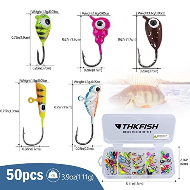 THKFISH Ice Fishing Jigs Kit Ice Fishing Lures Ice Fishing Gear A50pcs+ Vertical Jigs Kit 8pcs, Freshwater Fishing, Winter Fishing, Lifelike Bait, Realistic Lure, Highquality Hooks, Treble Hooks
