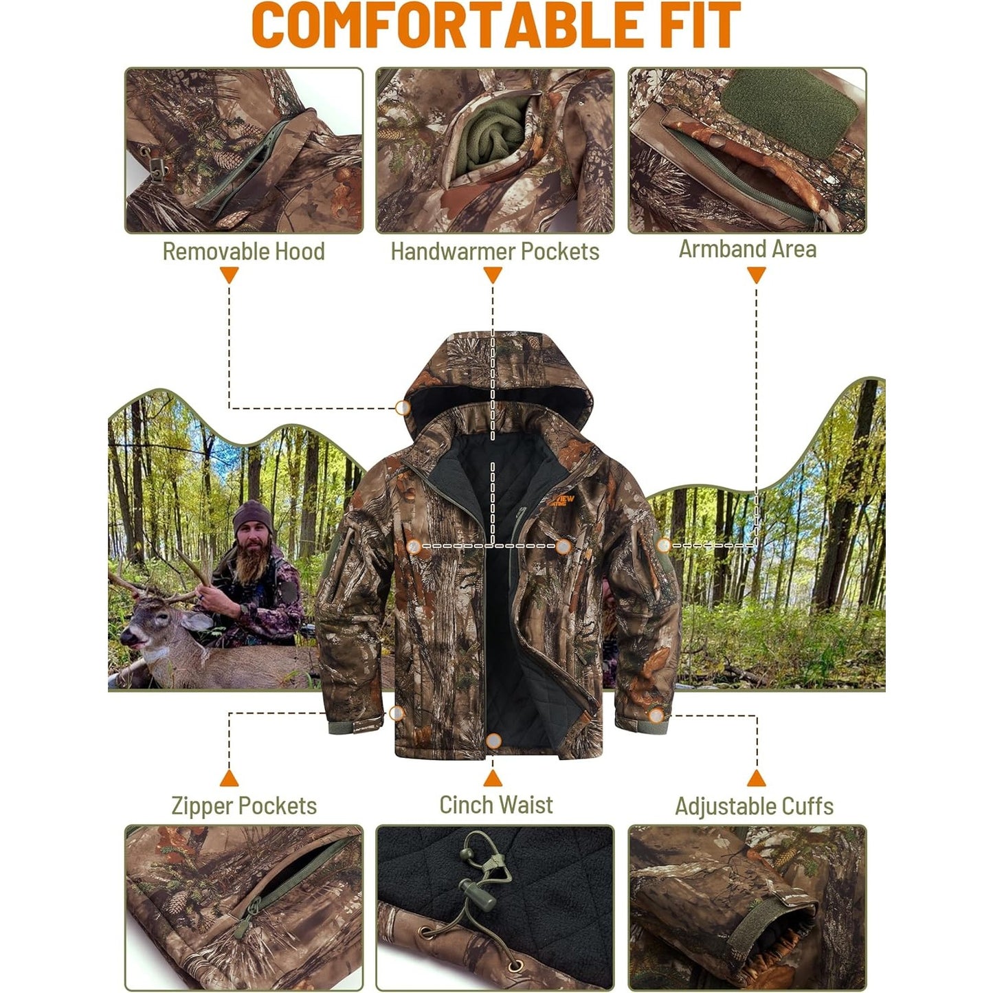 NEW VIEW Men's Insulated Hunting Jacket Cold Weather Warm Camo Jacket with Hood, Water-Resistant Camouflage Outdoor Coat for, Hunting & Winter, Multi-Cam Colors (Jungle/Forest/Desert)