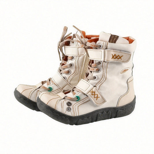 TMA EYES Women's Multi-Color Beige//Brown/White/Black Vintage Winter Boots - Hand-Stitched Round Toe, Lace-Up & Side Zipper TPR Traction Tires - Multi-Layer -like (Cow/) Ski & Snow Boots for, Climbing, Ice Walking