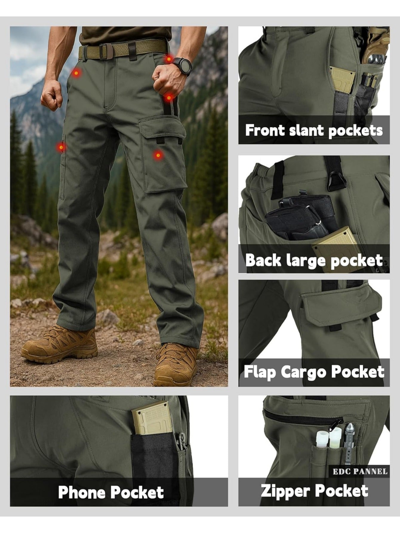 [Windproof | Fleece-Lined] Men's Windproof Fleece-Lined Ski Pants | All-Season Winter Snow Pants with Elastic Waist & Cargo Pockets, Softshell Tactical Hiking, Camping, Fishing Gear (Machine Washable)