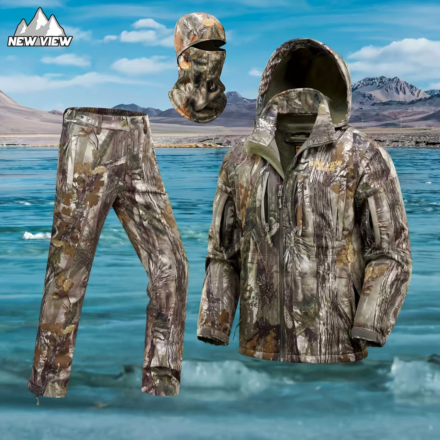 VIEW Hunting Clothes for Men, Silent Camo Fleece-Lined Jacket and Pants, Warm and Water Resistant