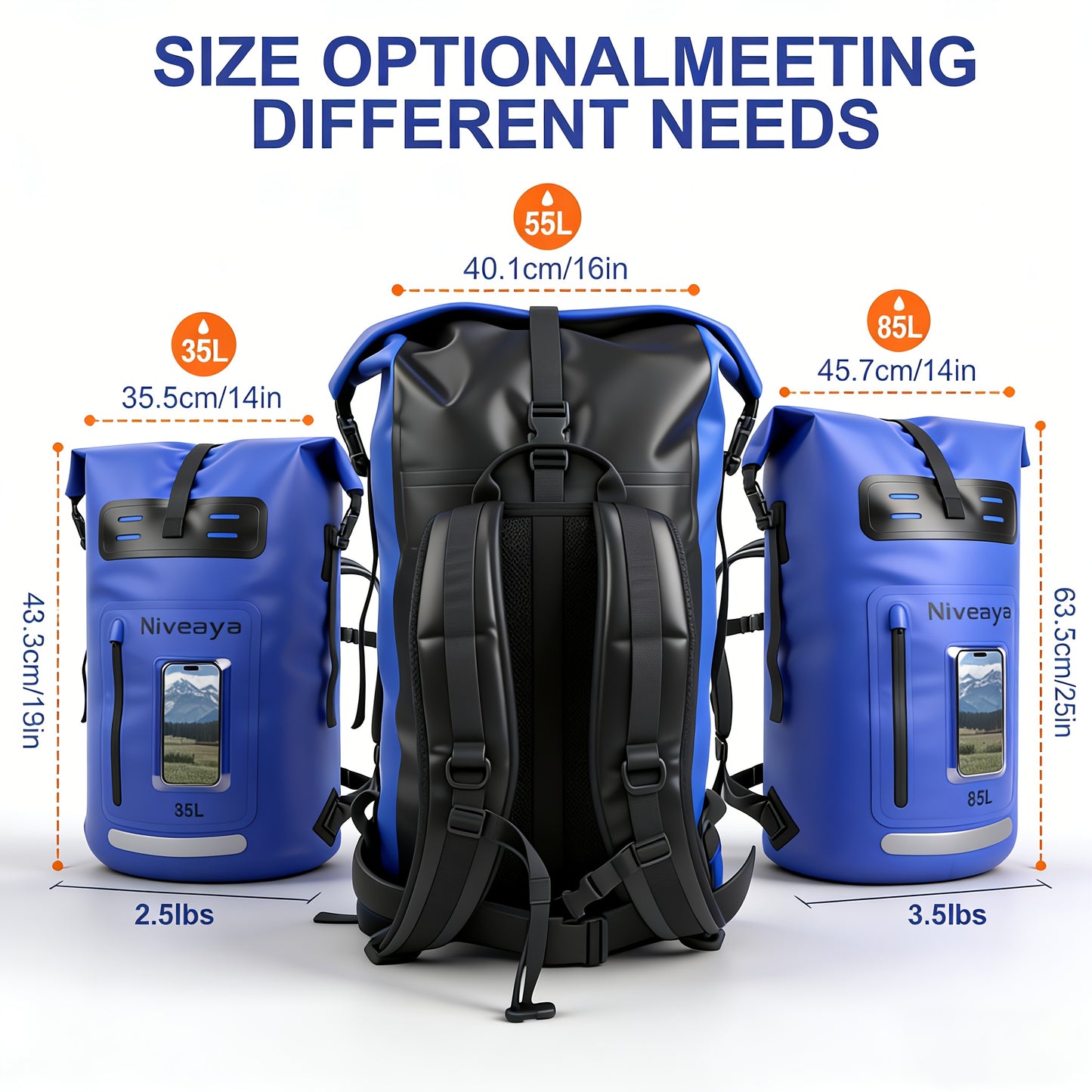 NIVEAYA Heavy Duty Hiking Backpack Roll Top Closure Bag