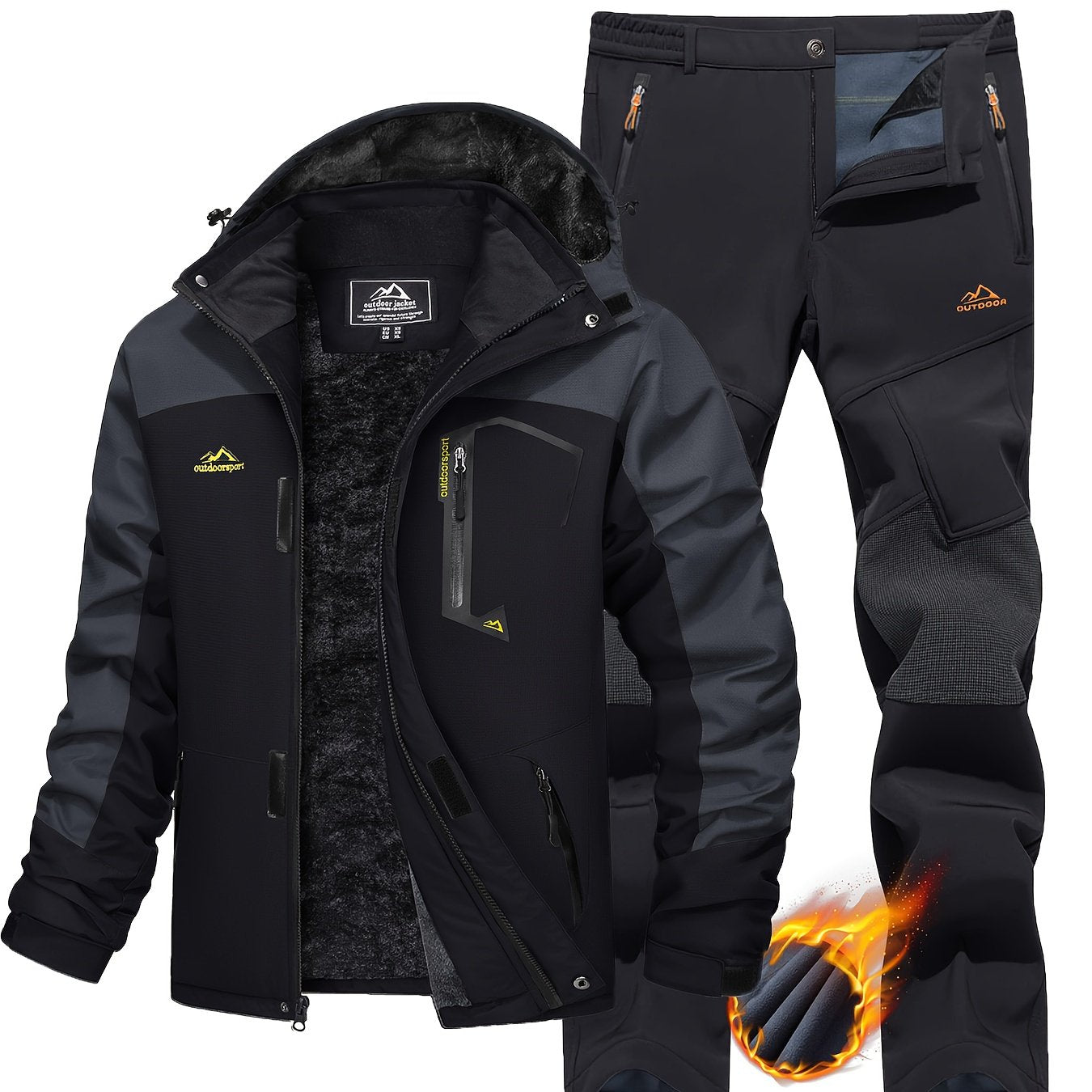 [1 Warm Jacket And 1 Pant] Men's Thermal Fleece Lined Jacket & Pants Set Winter Men's Windproof Snow Ski Suit Adjustable Storm Hood 5 Pockets 4 Zip Pockets Reinforced Knees Elastic Waist for Winter Hiking Camping Climbing Fis