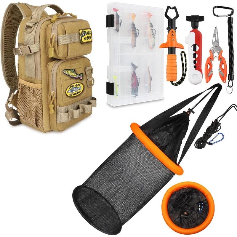 5 Gallons Floating Fishing Basket | Sling Bag with Set, Sling Tackle Bag 3600 Tackle Box, Fishing Line Spooler, Fish Gripper, Pliers, Lanyard, 6pcs Random Lures Khaki