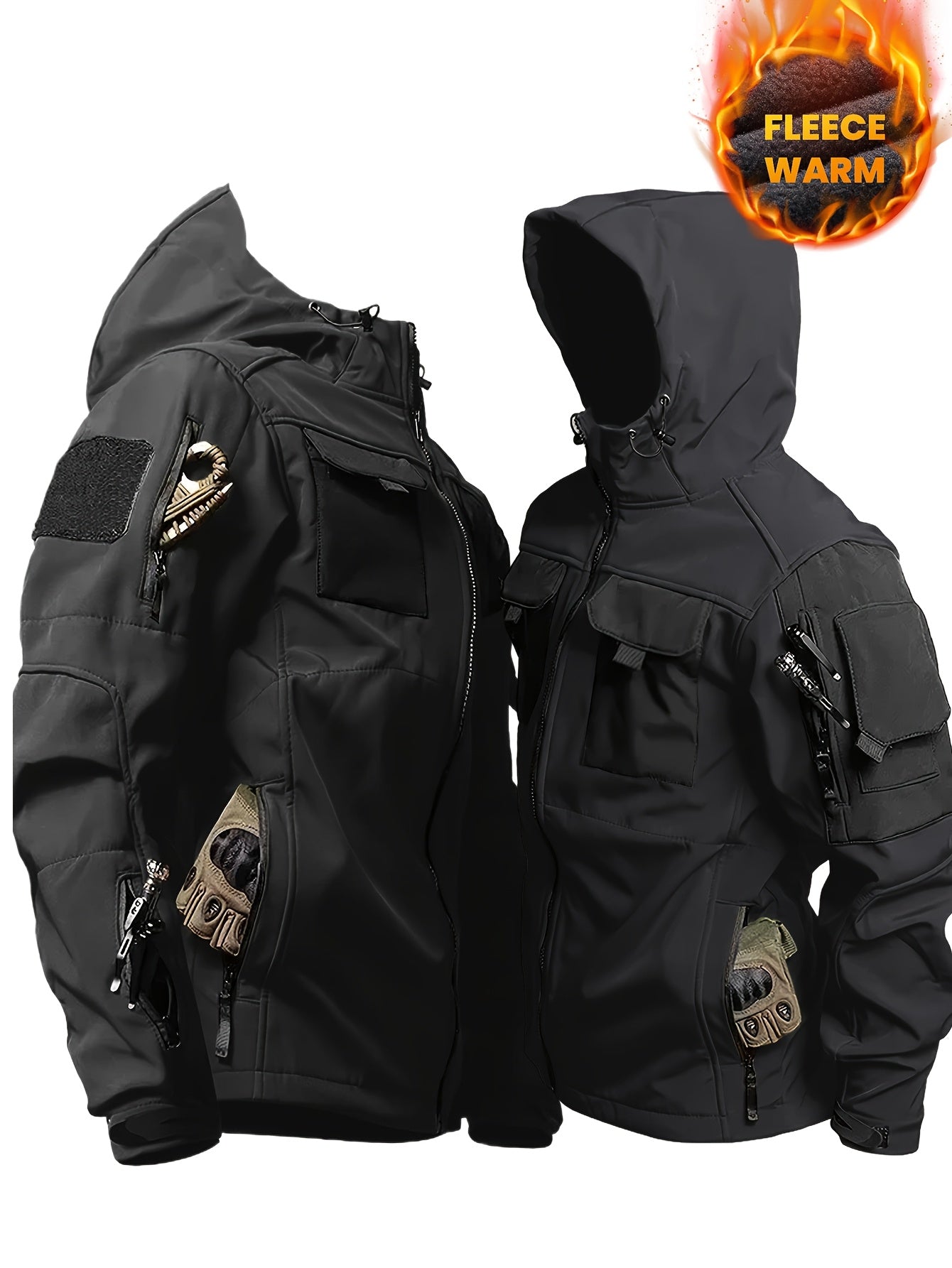 Men's Thermal Two-Piece Outdoor Set - Windproof Fleece-Lined Hooded Jacket & Cargo Pants with Zippered Pockets, Softshell Construction for Cold Weather Adventures, Durable & Lightweight, All-in-One Hiking, Camping, Hunting, C