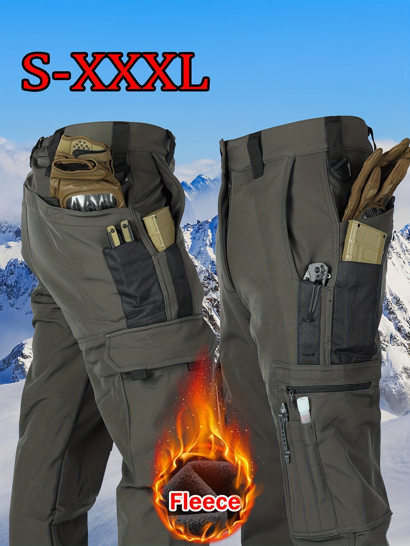 [Windproof | Fleece-Lined] Men's Windproof Fleece-Lined Ski Pants | All-Season Winter Snow Pants with Elastic Waist & Cargo Pockets, Softshell Tactical Hiking, Camping, Fishing Gear (Machine Washable)