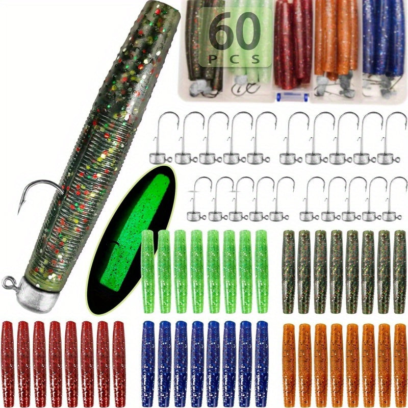 60/25pcs Ned Rig Jig Heads Soft Plastic Worms Stick Baits Kit - Finesse Mushroom Ned Rigs with 6 Vibrant Colors, Durable Non-Woven Material for Bass Fishing in Freshwater & Saltwater, Includes 6 Jighead Hooks & 6 Soft Plastic