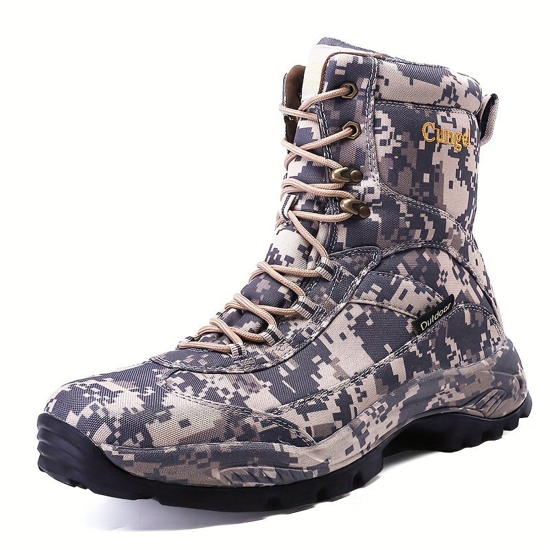 Men's Heavy-Duty Waterproof Camo Hiking Boots - Slip-Resistant Breathable Hunting Boots with Camouflage Design, All-Season Outdoor Trekking Shoes, Mid-Calf Height & Cushioning (Rubber Sole) for Camping, Climbing, Elk Hunting