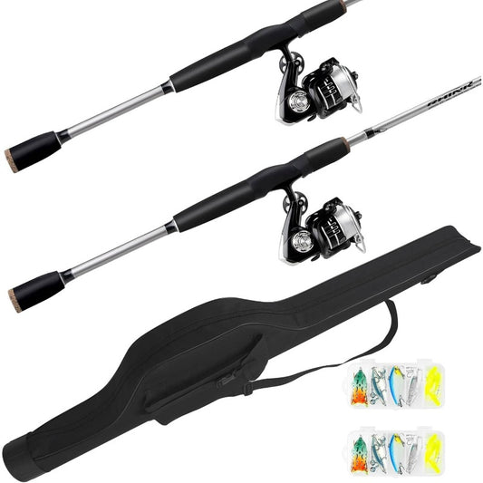 2pcs Fishing Rod and Spinning Reel Combo with Lures | Portable Fishing Rod Kit for Saltwater and Freshwater, Travel Fishermen, Fast Action, Medium Light Power, Silvery Color