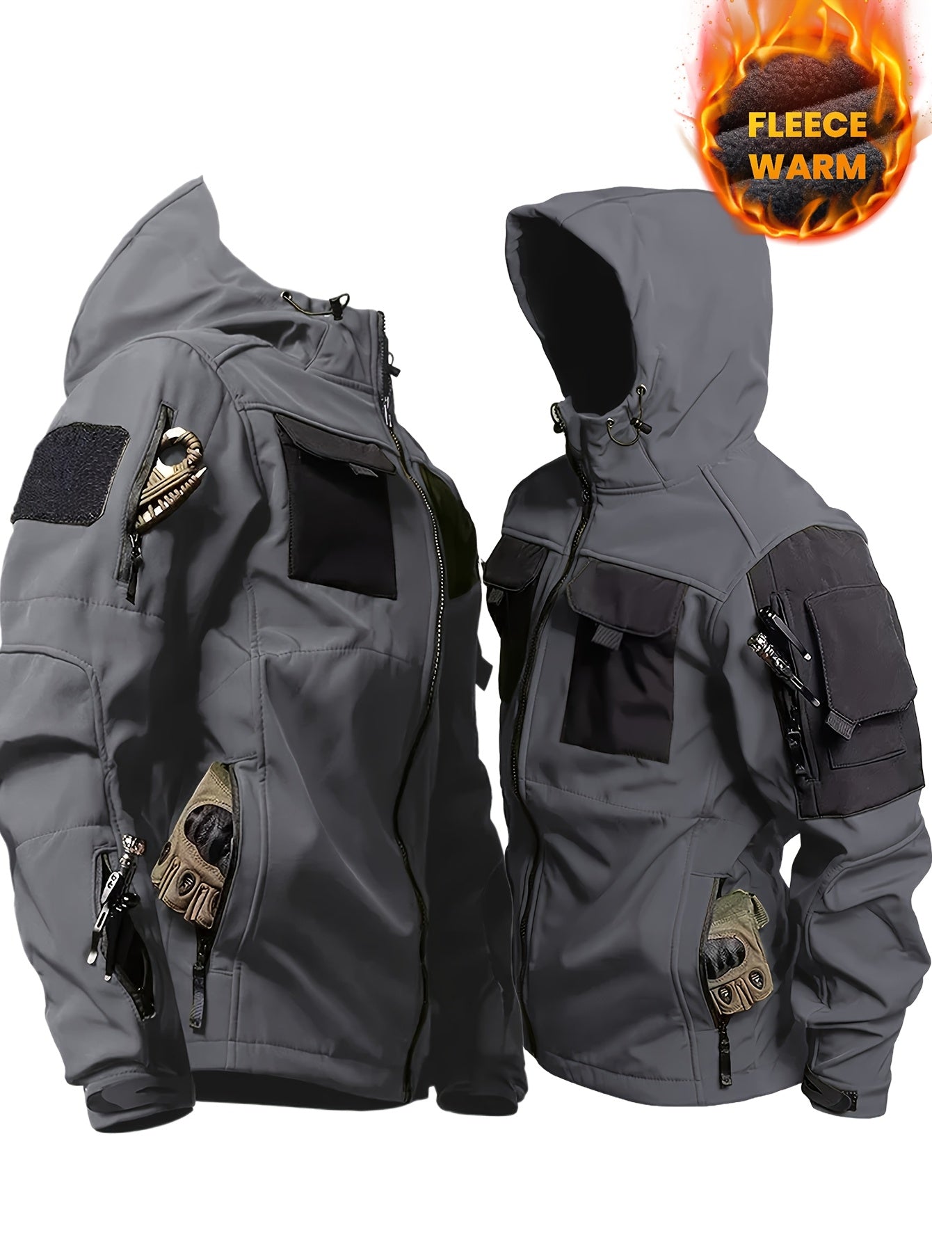 Men's Thermal Two-Piece Outdoor Set - Windproof Fleece-Lined Hooded Jacket & Cargo Pants with Zippered Pockets, Softshell Construction for Cold Weather Adventures, Durable & Lightweight, All-in-One Hiking, Camping, Hunting, C