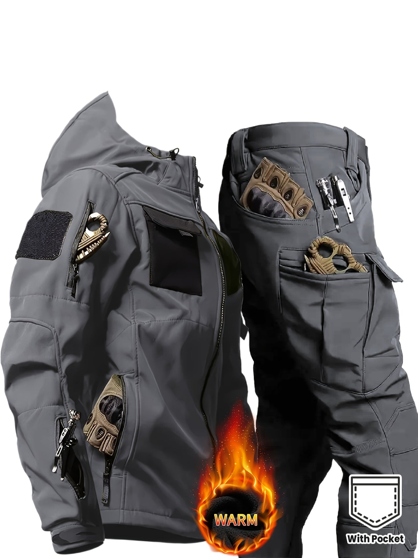 Men's Thermal Two-Piece Outdoor Set - Windproof Fleece-Lined Hooded Jacket & Cargo Pants with Zippered Pockets, Softshell Construction for Cold Weather Adventures, Durable & Lightweight, All-in-One Hiking, Camping, Hunting, C