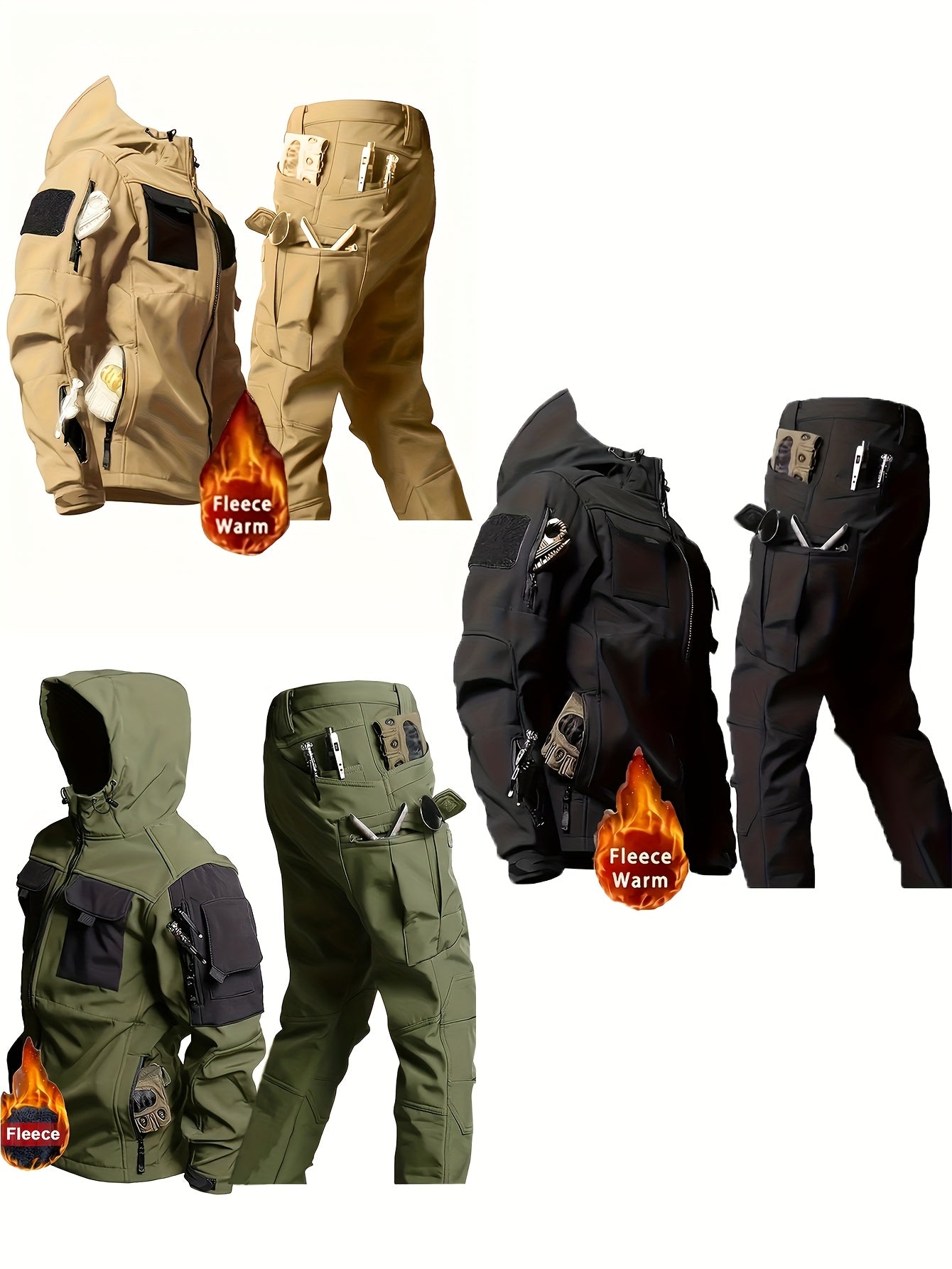 Mens Windproof Lined Hooded Jacket And Pants Set Hiking Gear