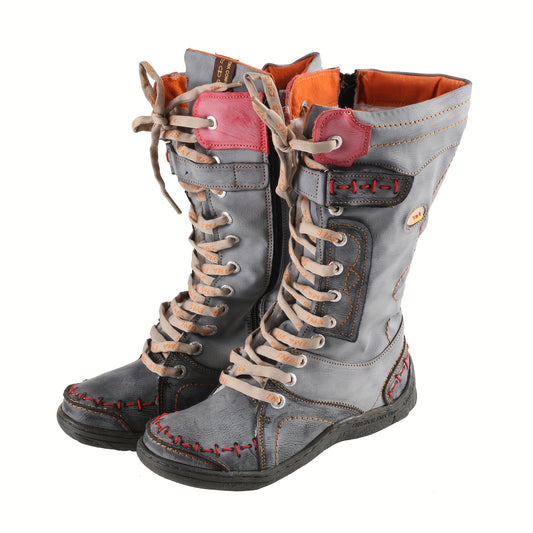 TMA EYES -Lined Hand-Stitched Leather Fashion Vintage Winter Patchwork Design Women's Mid-Calf Boots