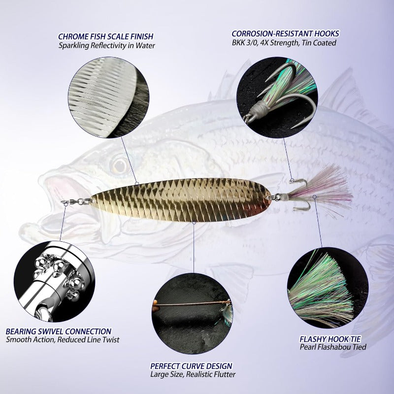 Magnum Flutter Spoon Jigging Lures 7. 5 Inch Large Hard Metal Trolling Casting Striper Sinking Fishing Spoon Baits for Striped Bass Salmon Walleye Saltwater Freshwater Deep Sea Fishing, Spoon Lures Fishing, Blue And Silvery F