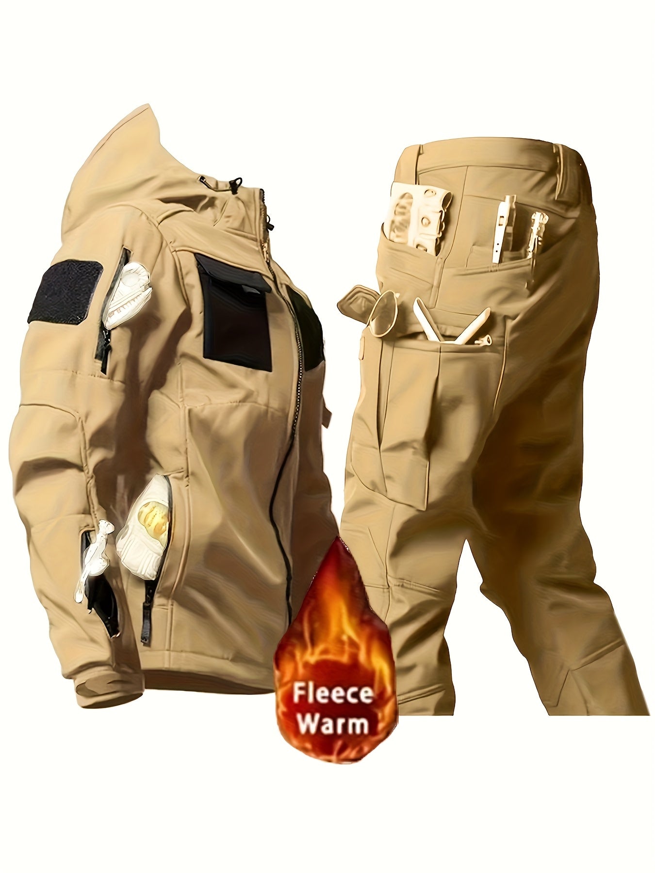Mens Windproof Lined Hooded Jacket And Pants Set Hiking Gear