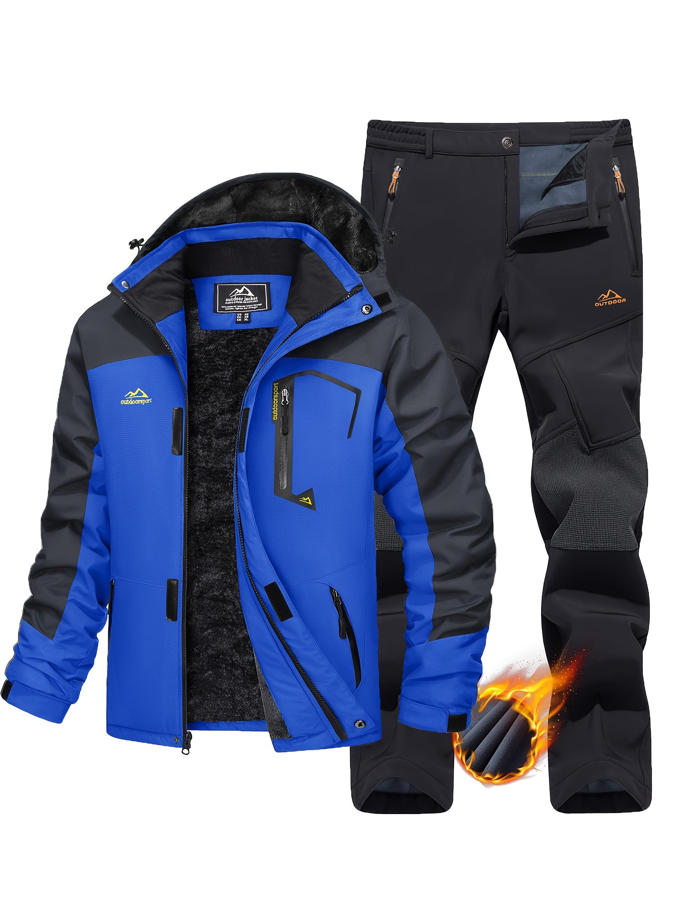 [1 Warm Jacket And 1 Pant] Men's Thermal Fleece Lined Jacket & Pants Set Winter Men's Windproof Snow Ski Suit Adjustable Storm Hood 5 Pockets 4 Zip Pockets Reinforced Knees Elastic Waist for Winter Hiking Camping Climbing Fis