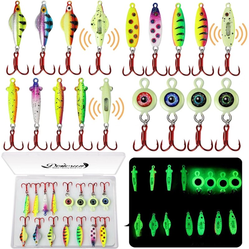 Dovesun Ice Fishing Jigs Ice Fishing Lures Kit Rattling Glow Ice Fishing Spoons for Bass Crappie, Ice Fishing Gear, Freshwater Fishing, Glow In Dark, Rattling Jigs, Highquality Lures, Precisioncrafted Spoons, Fishing Bait, Ji