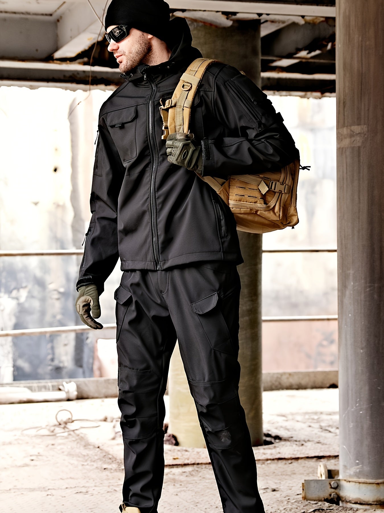 Mens Windproof Lined Hooded Jacket And Pants Set Hiking Gear