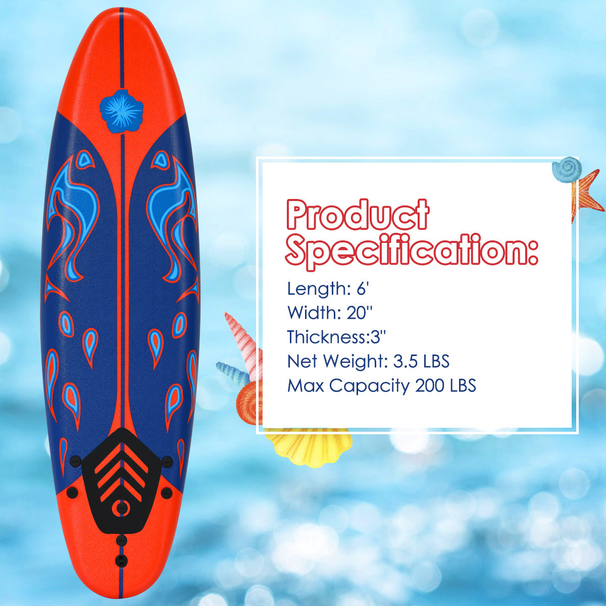 COSTWAY 6' Surfboard Foamie Body Surfing Board W/ 3 Fins Leash for Kids Adults