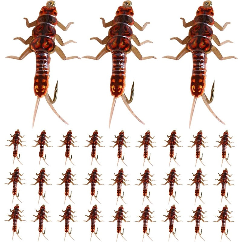 30pcs Stonefly Lures Fly Fishing Baits with Hooks & Stickers - Realistic Synthetic Fly Tying Materials, Soft Plastic Artificial Flies Suitable for Trout, Salmon, Bass, Pike - Fly Fishing Combo Set