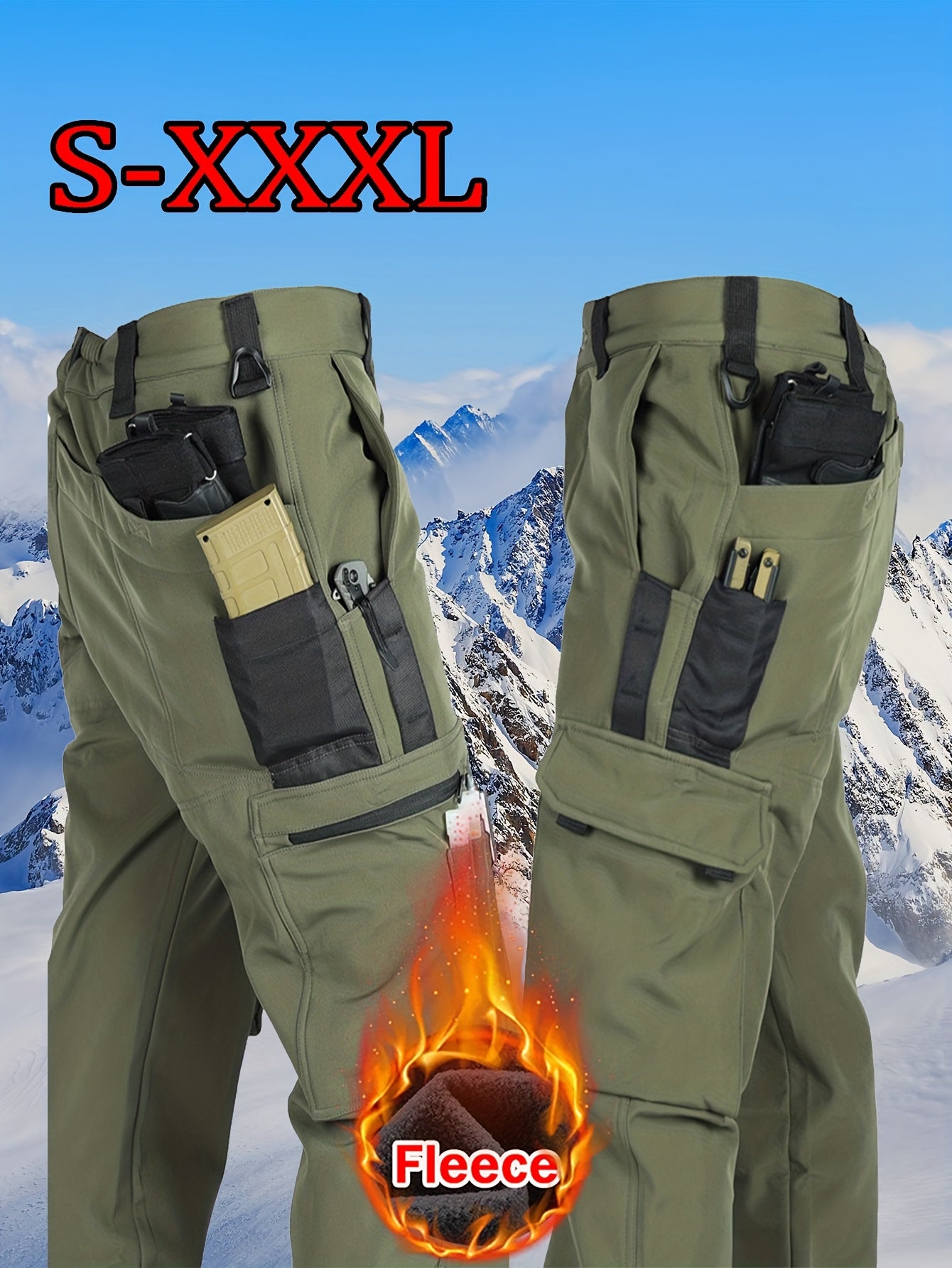 [Windproof | Fleece-Lined] Men's Windproof Fleece-Lined Ski Pants | All-Season Winter Snow Pants with Elastic Waist & Cargo Pockets, Softshell Tactical Hiking, Camping, Fishing Gear (Machine Washable)