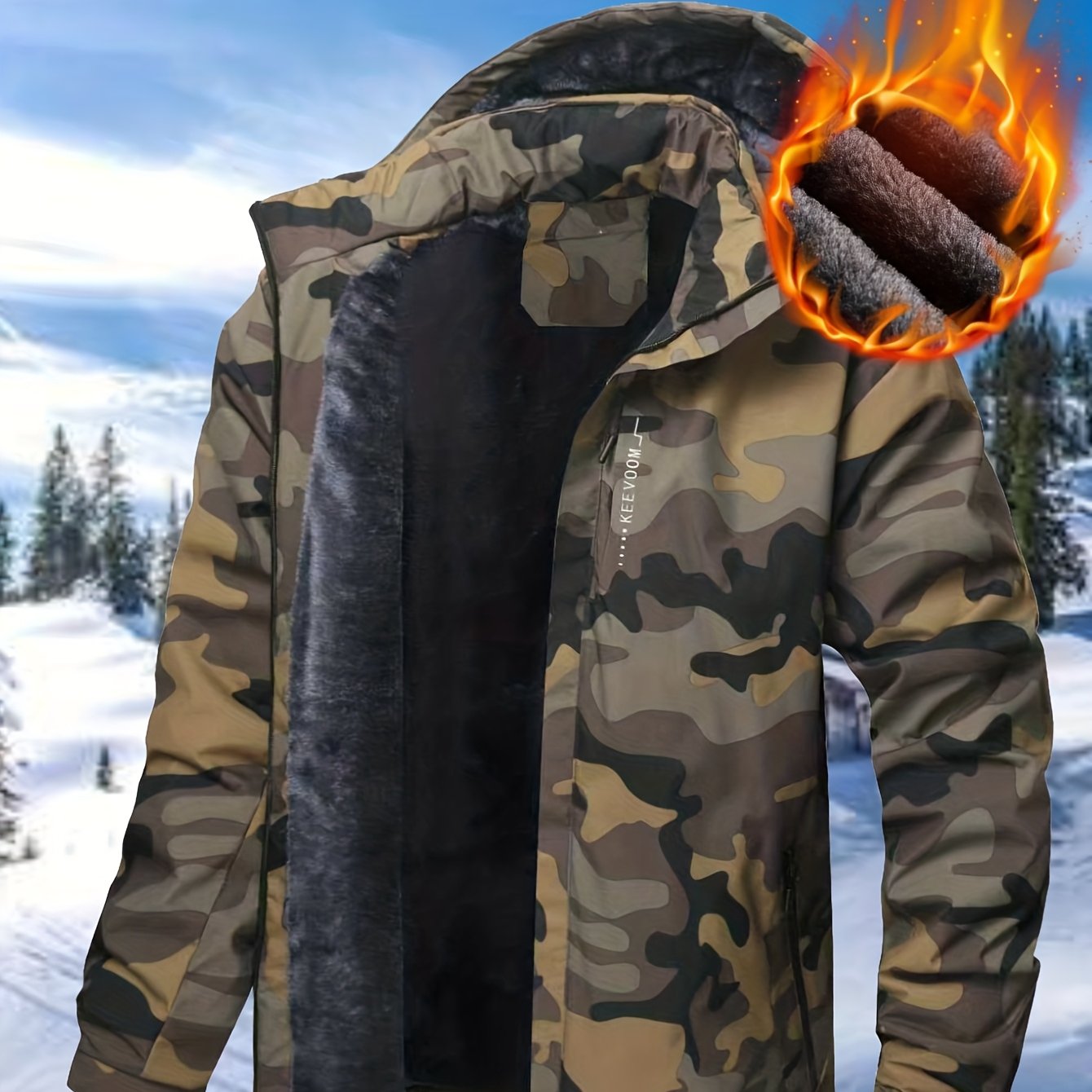 Men's Winter -Lined Thermal Jacket High Quality Windproof Coat with Hood, Thick Outdoor, Button & Zipper Closure, Machine Washable for Hiking, Skiing, Camping - Camouflage (Solid Color also available)