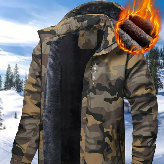 Men's Winter -Lined Thermal Jacket High Quality Windproof Coat with Hood, Thick Outdoor, Button & Zipper Closure, Machine Washable for Hiking, Skiing, Camping - Camouflage (Solid Color also available)