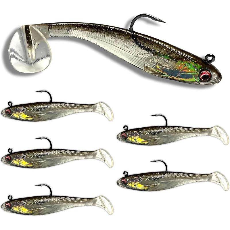 USA Shad Scent-Infused Paddle Tail Swimbaits - Pre-Rigged Saltwater & Freshwater Fishing Lures with Strong Owner Hook, Realistic Lure Bait for Bass, Pike, Trout, Walleye, Predator Fish - Heavy-Duty Pre-Rigged Line Setup