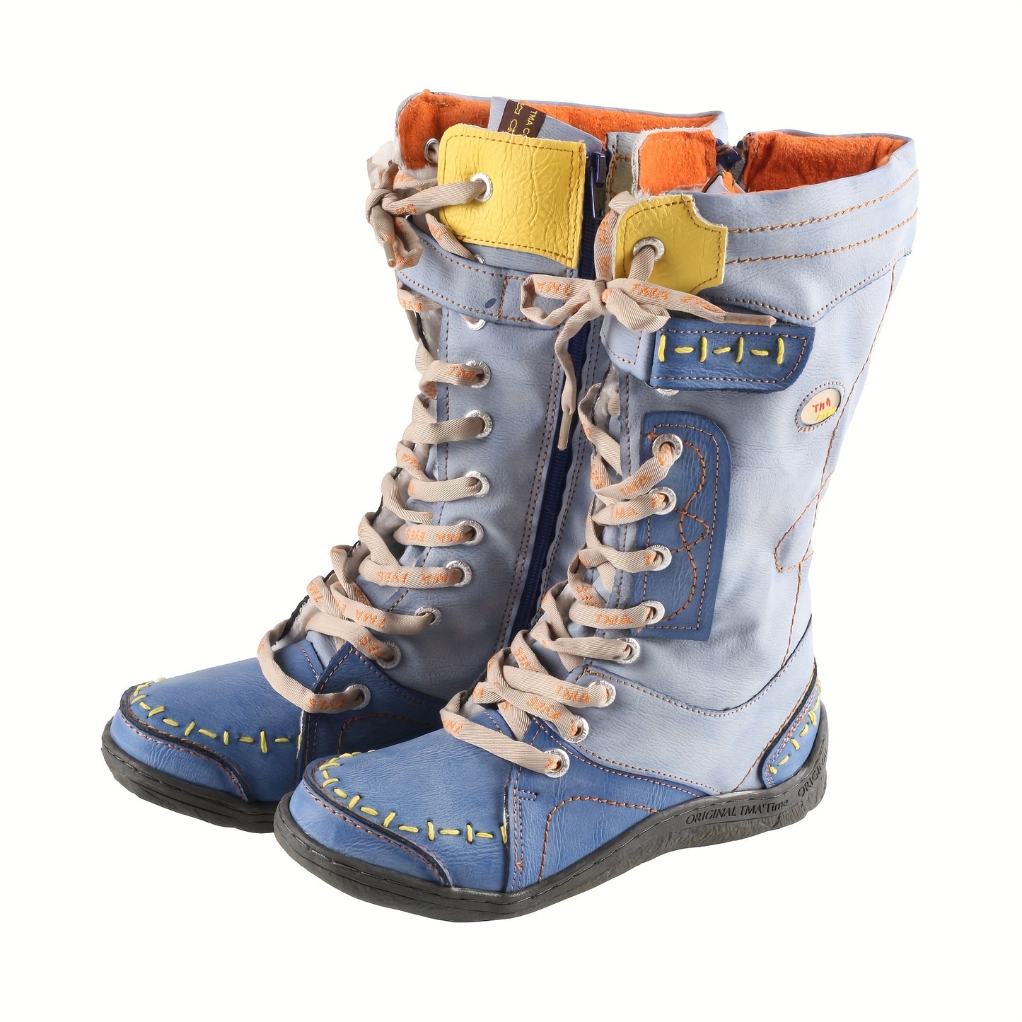 TMA EYES -Lined Hand-Stitched Leather Fashion Vintage Winter Patchwork Design Women's Mid-Calf Boots