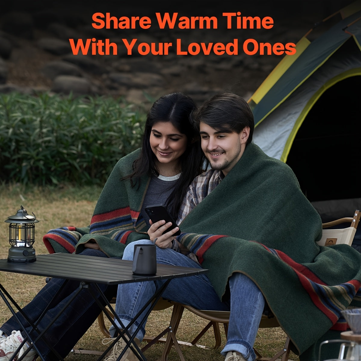 Happybuy Large Wool Camping Blanket - 64" x 88", High Quality & Windproof, Flame Retardant, Soft & Cozy for Outdoors, Picnics, Hiking, Sports Events, Travel, 80% Wool, Multicolor Striped Design (Green, Blue, Brown)