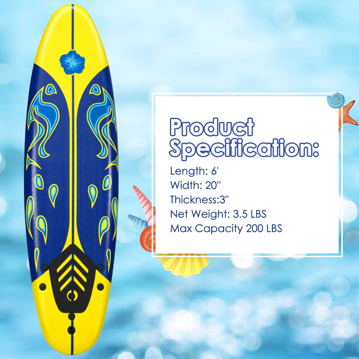 COSTWAY 6' Surfboard Foamie Body Surfing Board W/ 3 Fins Leash for Kids Adults
