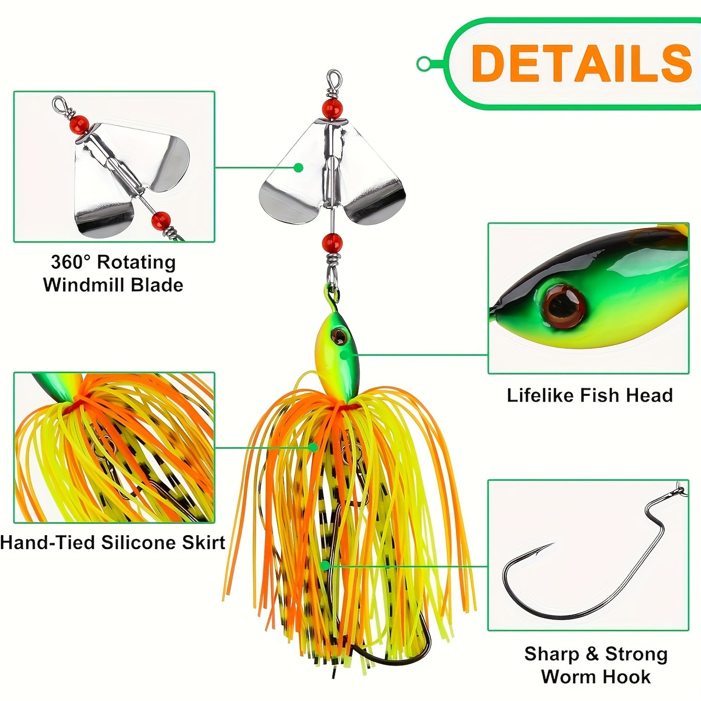 6 Piece Heavy Duty Metal Spinner Bait Lure Set With worm Hooks