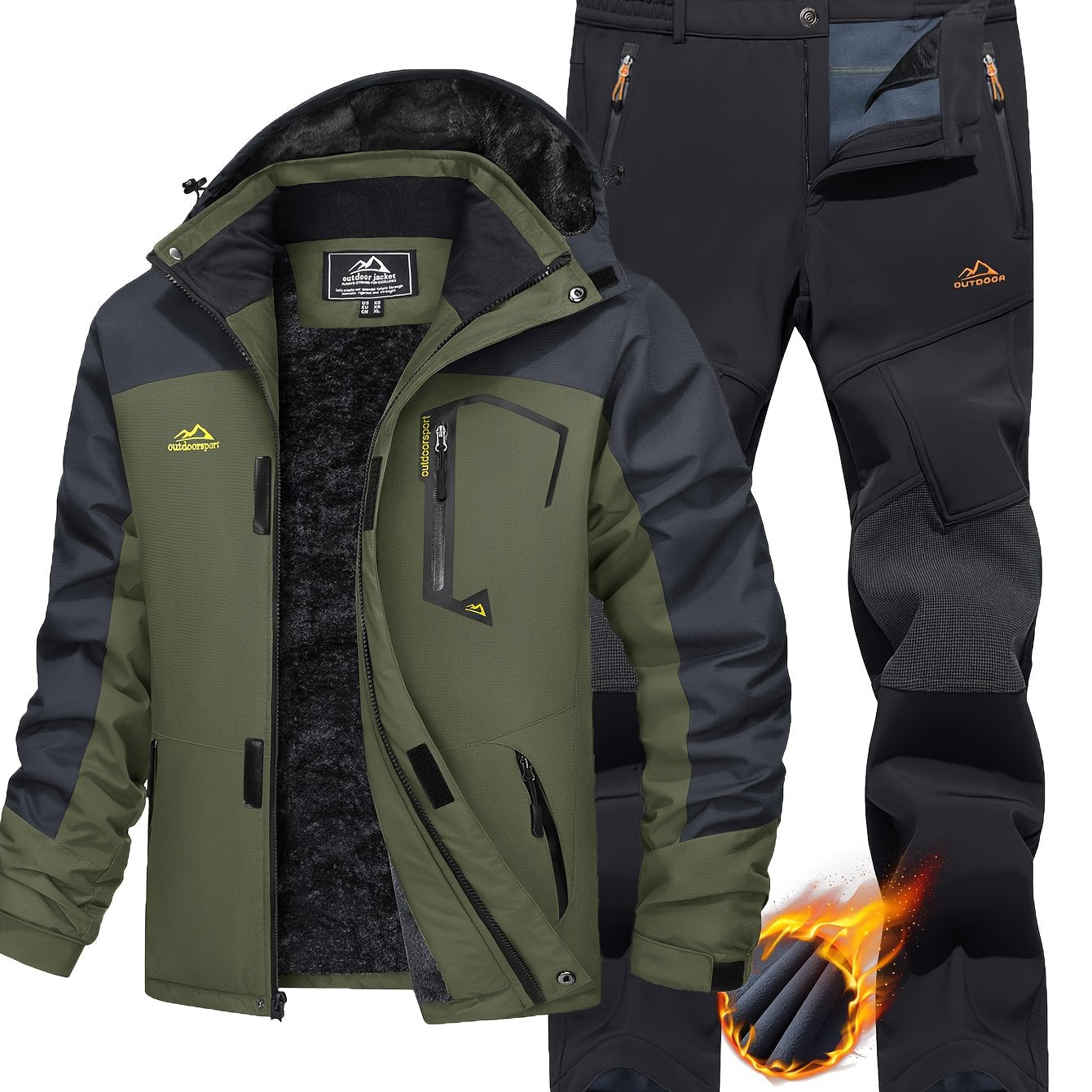 [1 Warm Jacket And 1 Pant] Men's Thermal Fleece Lined Jacket & Pants Set Winter Men's Windproof Snow Ski Suit Adjustable Storm Hood 5 Pockets 4 Zip Pockets Reinforced Knees Elastic Waist for Winter Hiking Camping Climbing Fis