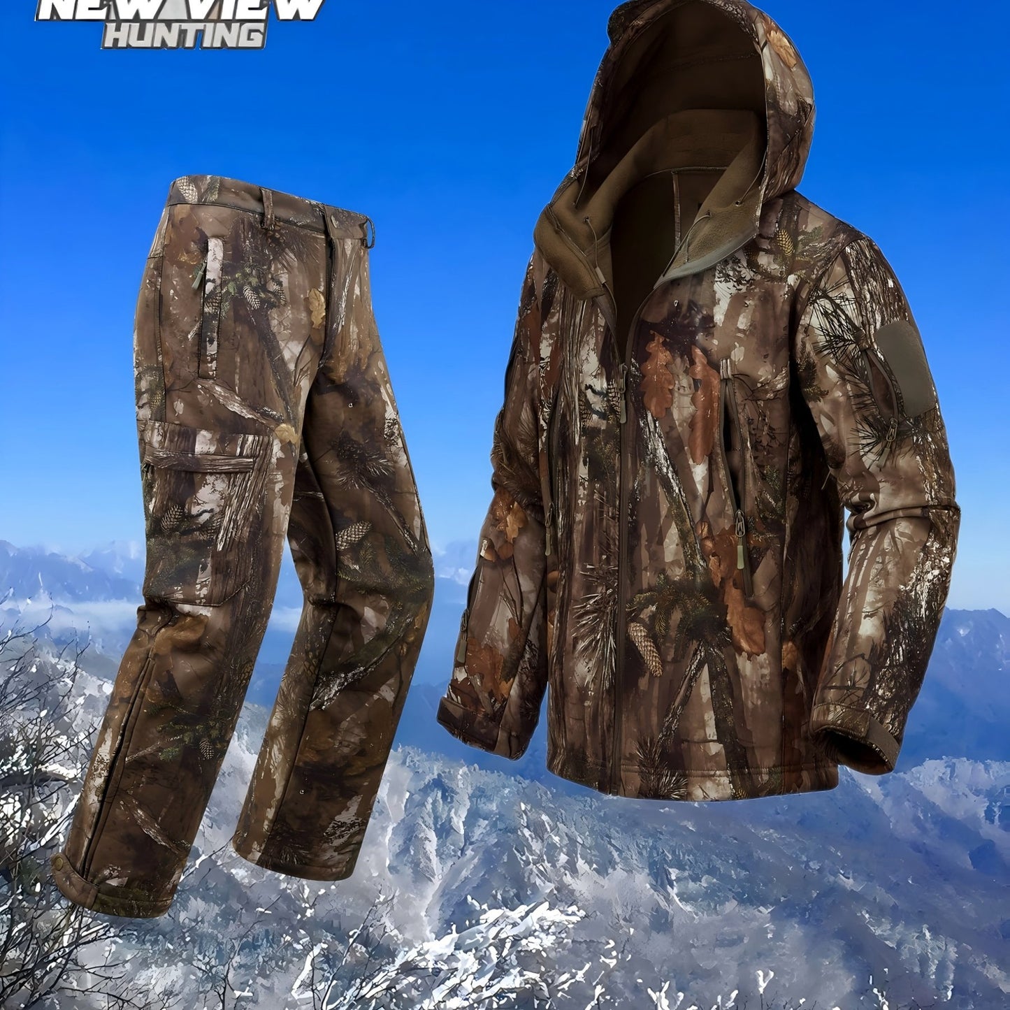VIEW Silent Camouflage Hunting Outfit for Men, Fleece-Lined Hunting Jacket and Pants, Cold Weather, Ideal Gift for Husbands Sons Fathers