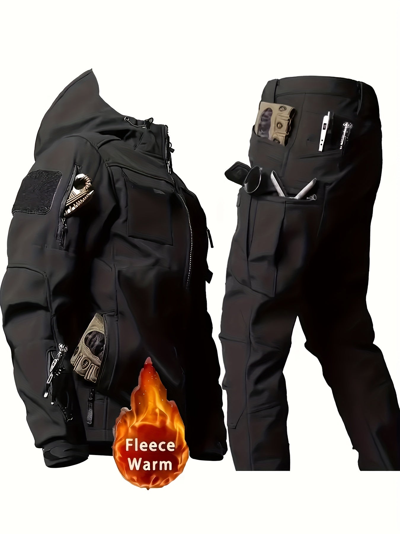 Mens Windproof Lined Hooded Jacket And Pants Set Hiking Gear