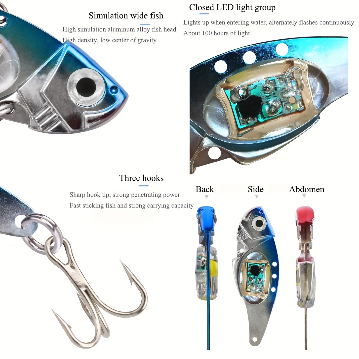 Electronic Fish Shaped Bait Aluminum Alloy LED Lure With Sound