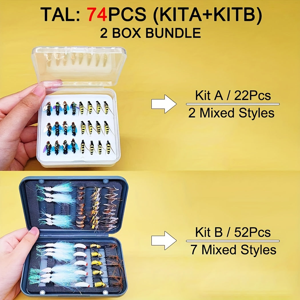 74pcs (2 Box Bundle) Fly Fishing Lure Kit - All-in-One Dry/Wet/Streamer/Nymph Baits with Heavy-Duty Tackle Box-Like Organizer-Like Case-Like Presentation (No Box) Pattern - Trout, Salmon, Bass Freshwater/Saltwater Fly Assortm